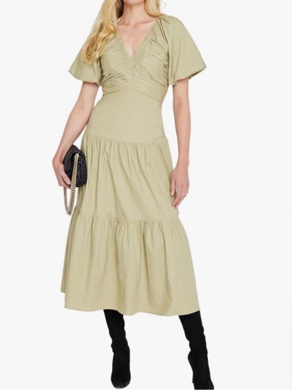 Club Monaco V-Neck Tiered Maxi Dress with Puff Sleeves